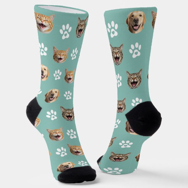 Funny Custom Dog & Cat 3 Fotos mit Paw Prints Socken (Gewinkelt)