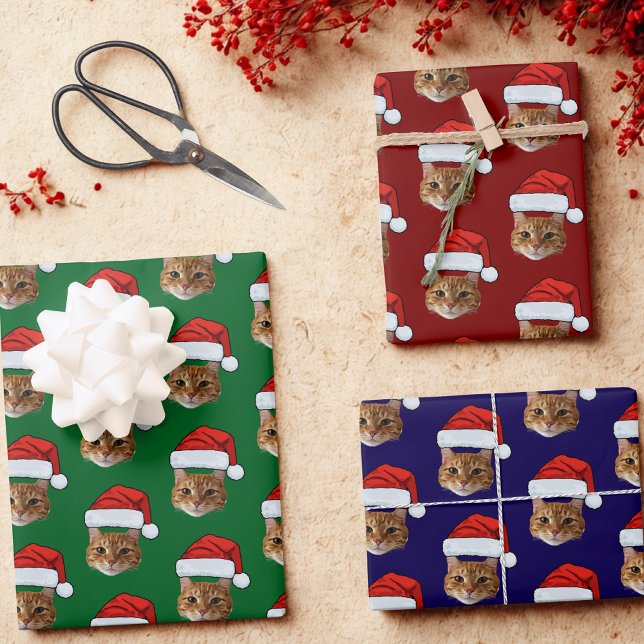 Funny Custom Face Cat Foto Weihnachtsmannmütze Wei Geschenkpapier Set (Von Creator hochgeladen)