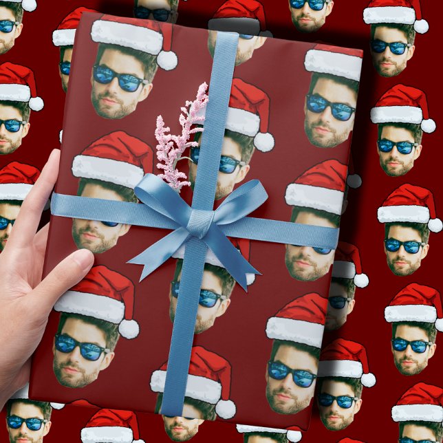 Funny Custom Face Foto Santa Claus Hat Weihnachten Geschenkpapier (Von Creator hochgeladen)