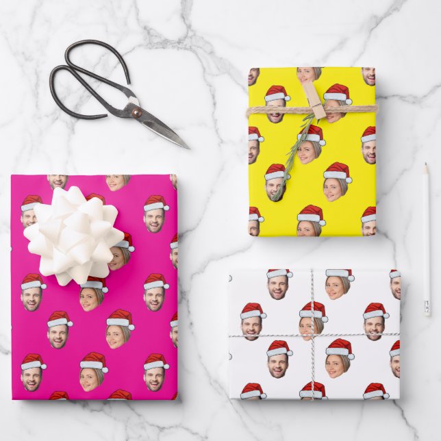 Funny Custom Face Foto Santa Head Geschenkpapier Set (Vorderseite)