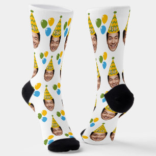 Funny Custom Geburtstagsgesicht mit Party Hat Socken
