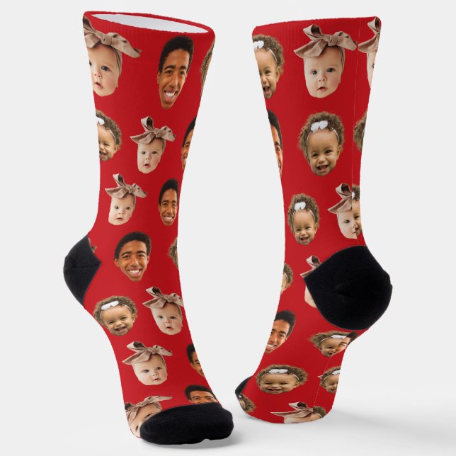 Funny Custom Vater 3 Kids Foto Rot Socken (Gewinkelt)