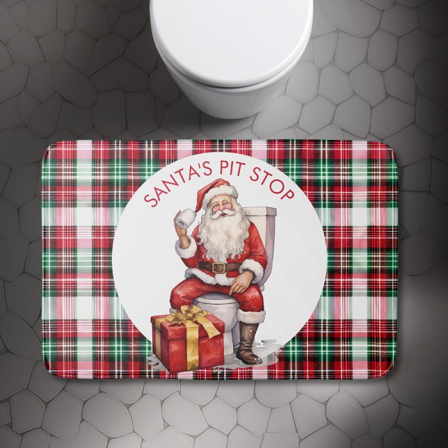 Funny Custom Weihnachtsfeier Weihnachtsfeiertag Badematte (Funny Christmas Toilet Humor Quote Santas Pit Stop sitting on loo bathroom holiday decor red green )