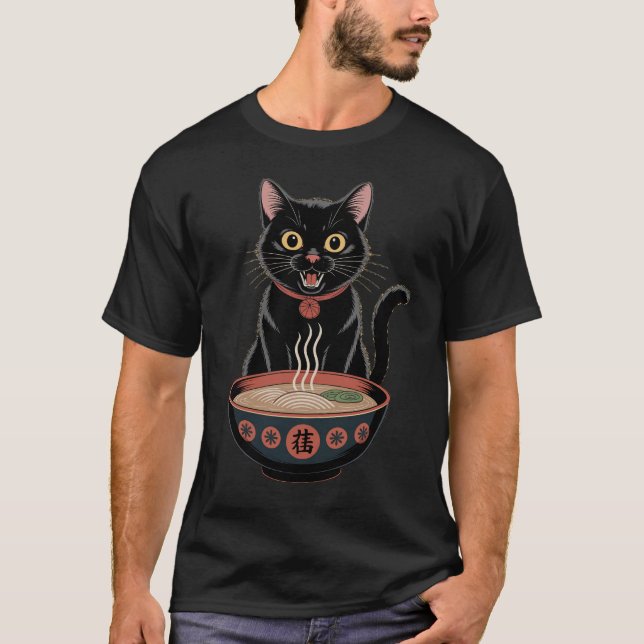 Funny Cute Black Cat Ramen Japanese Art T-Shirt (Vorderseite)