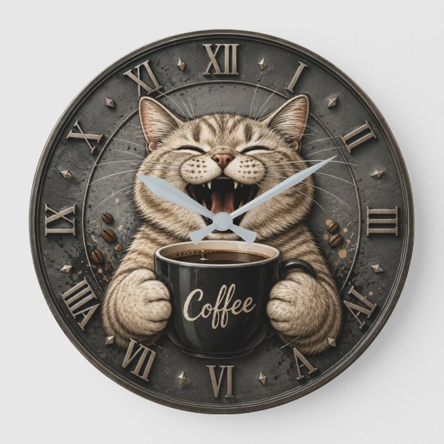 Funny Cute Cat Coffee Lover Decor Große Wanduhr (Vorderseite)