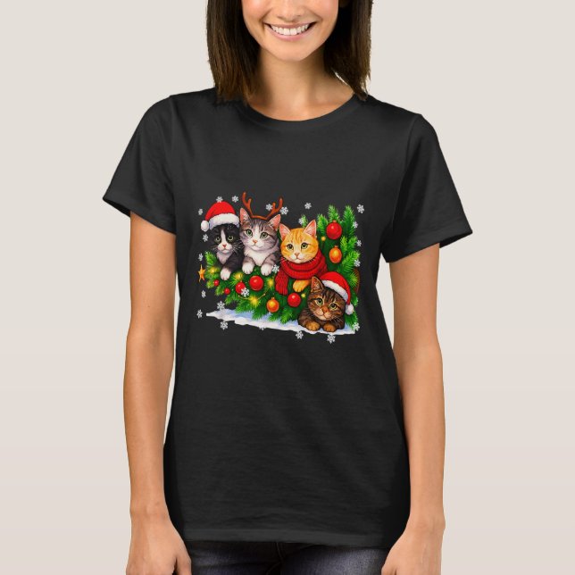 Funny Cute Cat Crew Santa Hat Christmas Xmas Women T-Shirt (Vorderseite)
