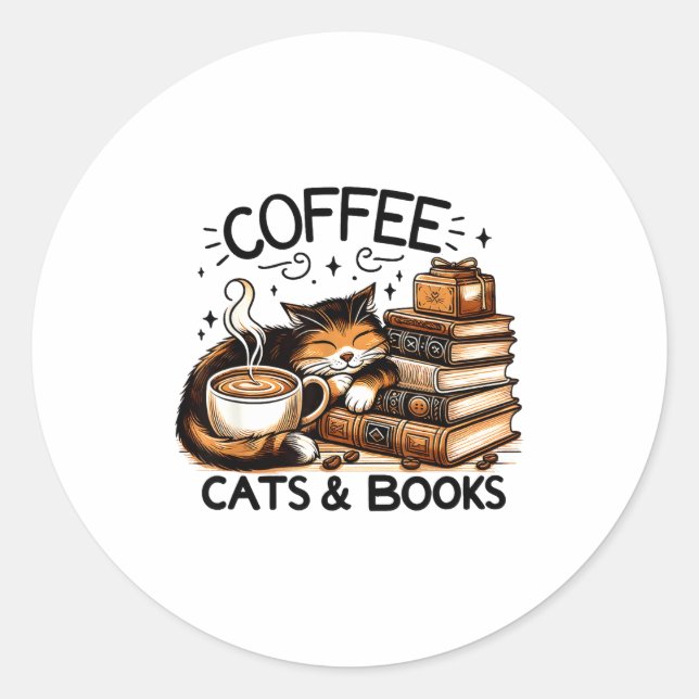 Funny Cute Coffee Cats Books Lover Women Men Kids  Runder Aufkleber (Vorderseite)