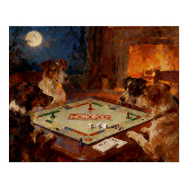 Funny Cute Dogs Playing A Board Game  Poster (Vorderseite)