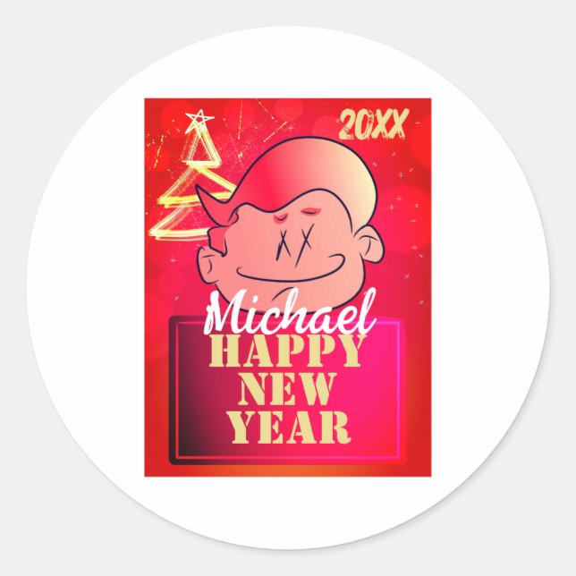 Funny Cute Little Cartoon Boy Happy New Year  Runder Aufkleber (Vorderseite)