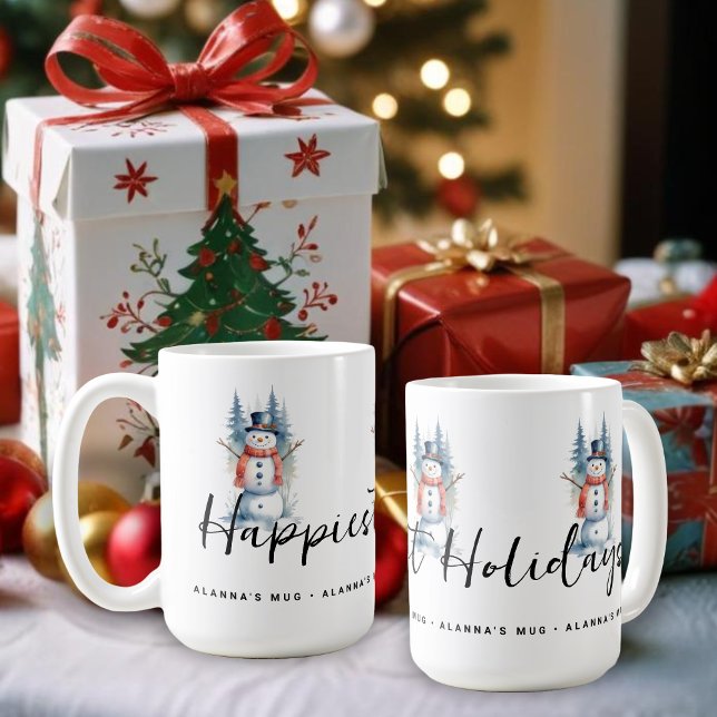 Funny Cute MInimal Snowman Frosted Forest Xmas Kaffeetasse (Funny Cute MInimalist Snowman Frosted Forest Christmas Coffee Mugs, with Happiest Holidays Quote. )