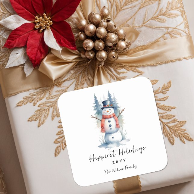 Funny Cute MInimalist Snowman Frosted Forest Quadratischer Aufkleber (Funny Cute MInimalist Snowman Frosted Forest Christmas Square Stickers. )