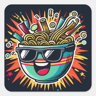 Funny Cute Noodle Cartoon Ramen Bowl Quadratischer Aufkleber
