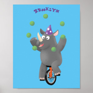 Funny cute rhino juggling on unicycle poster