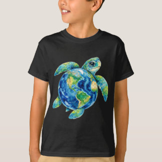 Funny Cute Sea Turtle Holding Earth Ocean Wildlife T-Shirt