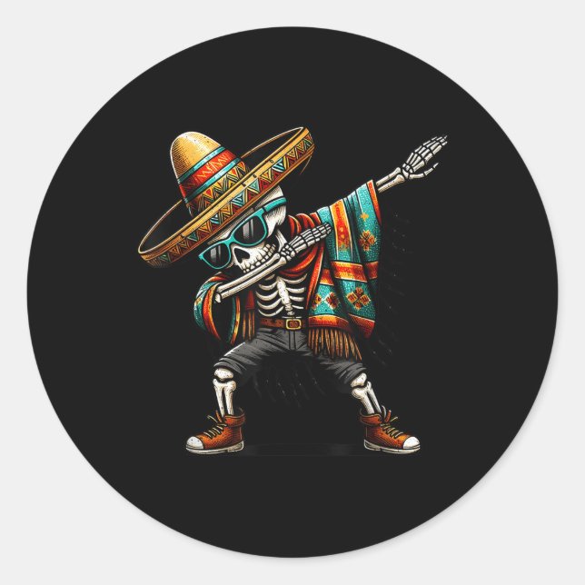 Funny Dabbing Mexican Skeleton Poncho Cinco De May Runder Aufkleber (Vorderseite)
