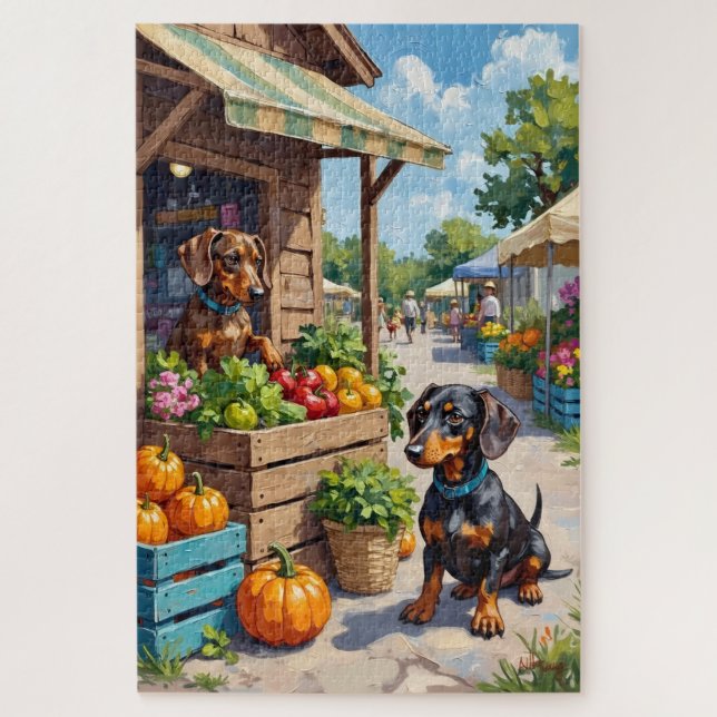 Funny Dachshund Farmers Market Dog Lover Art Puzzle (Vertikal)