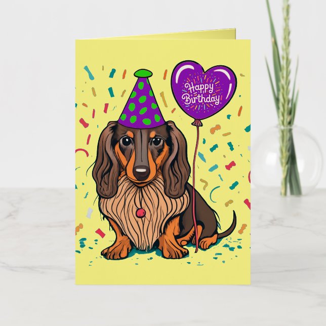 Funny Dackel Hund mit Happy Birthday Balloon (Vorderseite)