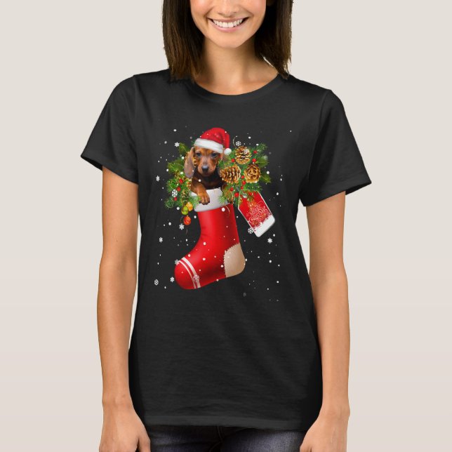 Funny Dackel in Sock Weihnachten Weihnachtsmannmüt T-Shirt (Vorderseite)