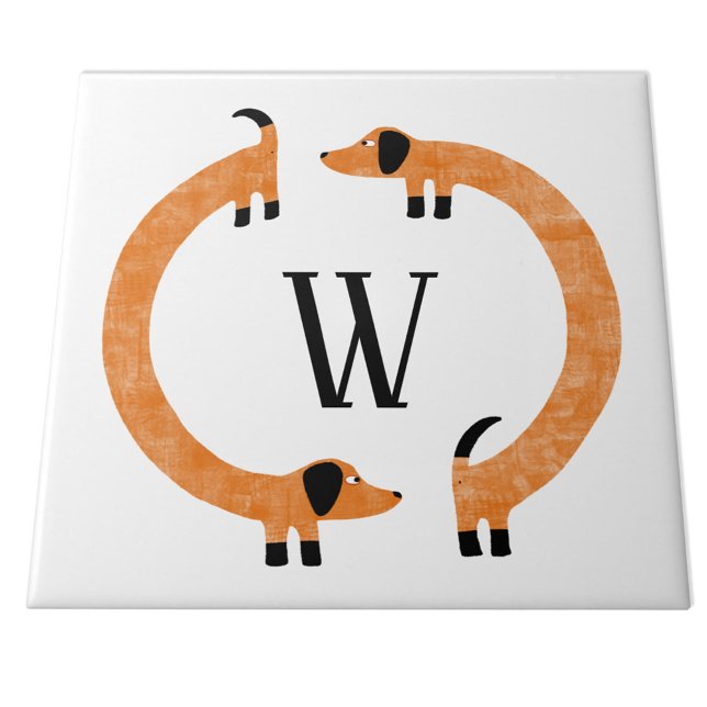 Funny Dackel Sausage Dog Monogramm Fliese (Funny Dachshund Wiener or Sausage Dog monogram ceramic tile)
