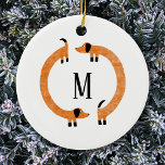 Funny Dackel Sausage Dog Monogramm Keramik Ornament<br><div class="desc">Niedliche und lustige Dackel,  Wursthunde oder Dackel Hunde in ständiger Bewegung. Anpassen durch Ändern oder Entfernen des Initials.</div>