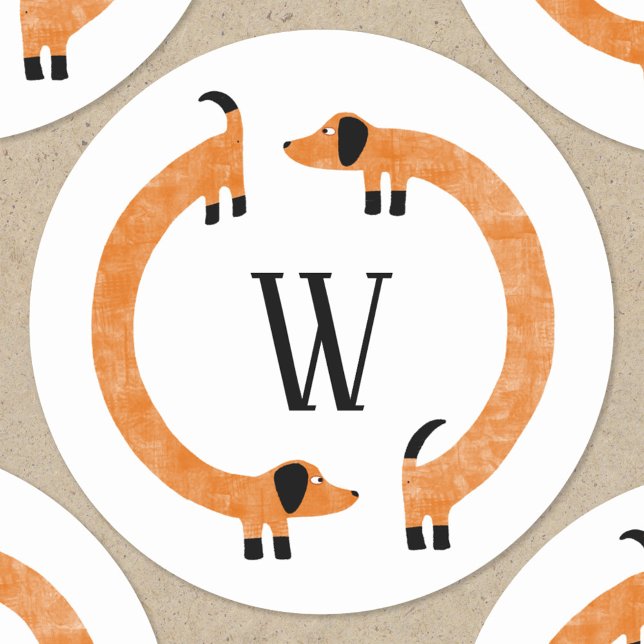 Funny Dackel Sausage Dog Monogramm Runder Aufkleber (Dachshund Wiener Sausage Dog monogram initial stickers)