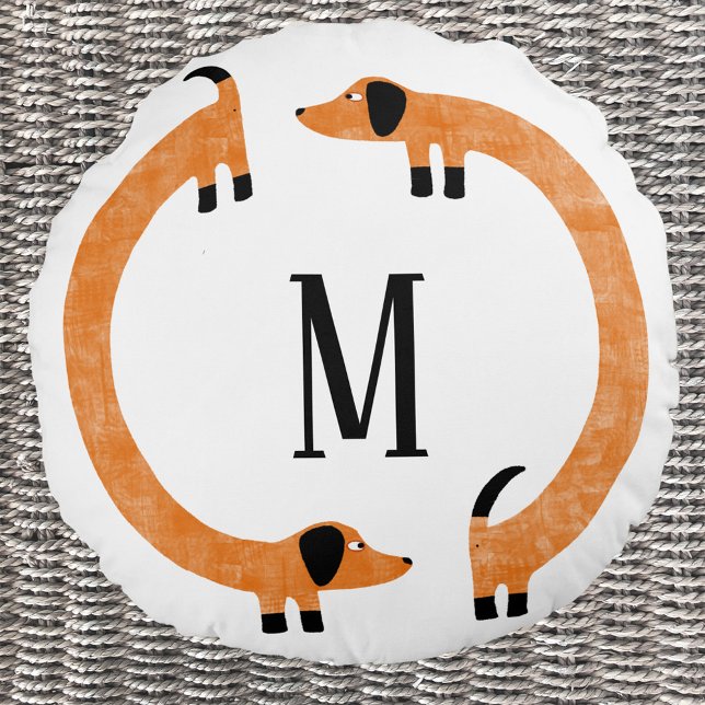 Funny Dackel Sausage Dog Monogramm Rundes Kissen (Fun Dachshund Wiener Sausage Dog personalized monogram initial round pillow for dog lovers)