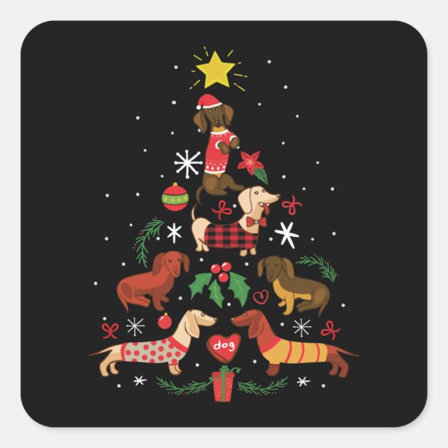 Funny Dackel Weihnachtsbaum Quadratischer Aufkleber (Vorderseite)
