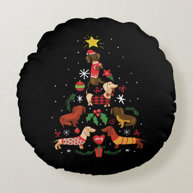 Funny Dackel Weihnachtsbaum Rundes Kissen (Vorderseite)