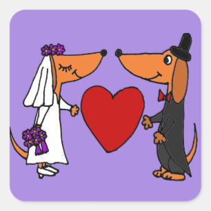 Funny Dackel Welpe Hunde Braut und Groom Hochzeit Quadratischer Aufkleber