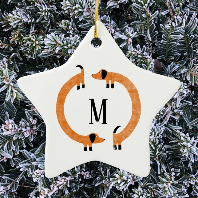Funny Dackel Wurst Dog Monogram Keramik Ornam Ornament (Fun Dachshund Wiener Sausage dog personalized monogram initial ceramic ornament)