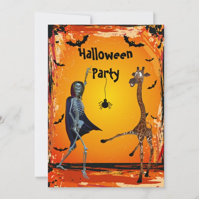 Funny Dancing Giraffe & Skeleton Halloween-Party Einladung (Vorderseite)