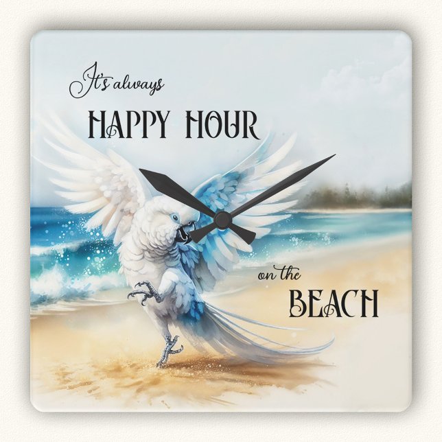 Funny Dancing Parrot Beach Quadratische Wanduhr (Wall clock featuring a painting of a funny dancing cockatoo parrot on the beach)