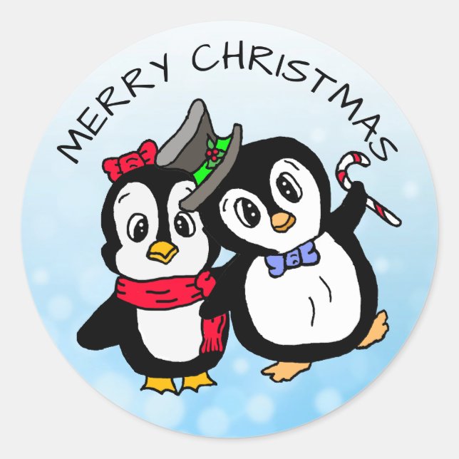 Funny Dancing Pinguine mit Candy Cane Weihnachten Runder Aufkleber (Vorderseite)