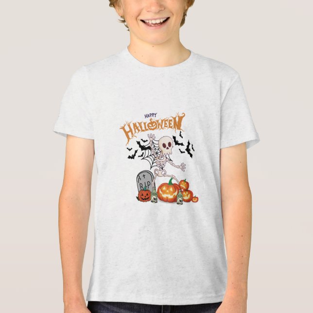 Funny Dancing Skeleton & Pumpkins Happy Halloween Tri-Blend Shirt (Vorderseite)