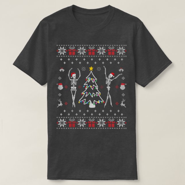 Funny Dancing Skeleton Weihnachtslicht Ugly Chris T-Shirt (Design vorne)