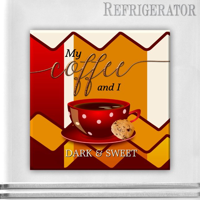 Funny Dark and Sweet Coffee Lover Magnet (Funny magnet featuring a black coffee with chocolate chip cookie on a colorful retro background)