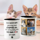 Funny Dear Cat Sprichwort, Custom 4 Cat's Foto & N Zweifarbige Tasse<br><div class="desc">Das ist ein unglaublich witzig und verlässliches Zitat! Die maßgeschneiderte Tasse mit einem Foto Ihres KatzenSprichworts "Sie haben uns vielleicht adoptiert, aber wir sind hübsch sicher, dass wir Sie besitzen" ist eine großartige Möglichkeit, sich über die allgemeine Wahrnehmung lustig zu machen, dass Katzen die Wurzeln beherrschen. Die Tasse würde jedem...</div>