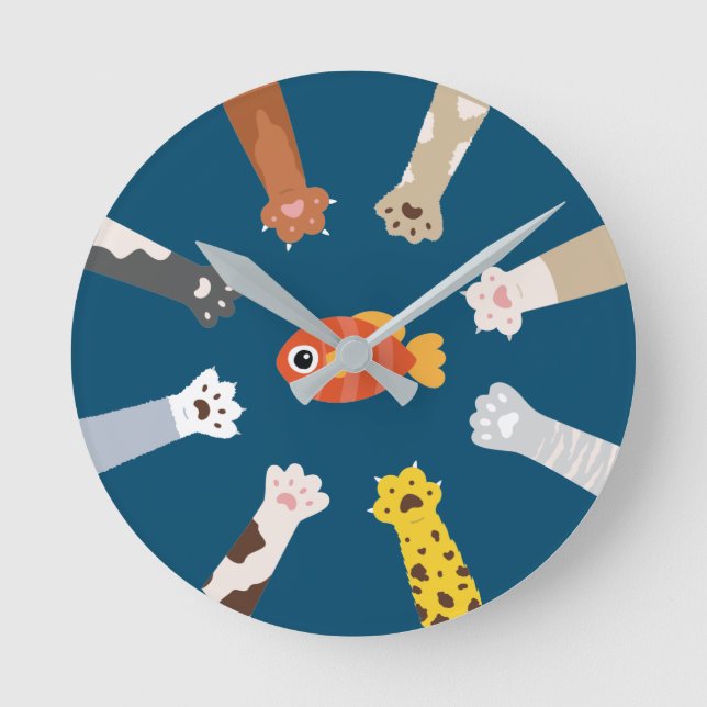 Funny Design Katzen Spiel zu fangen Fisch Runde Wanduhr (Vorderseite)