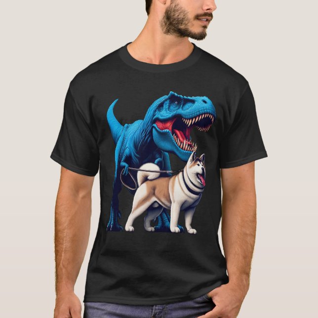 Funny Dinosaur Akita Walking Dog Lover T-Shirt (Vorderseite)