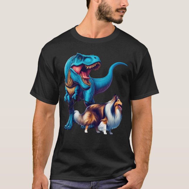 Funny Dinosaur Collie Walking Dog Lover T-Shirt (Vorderseite)