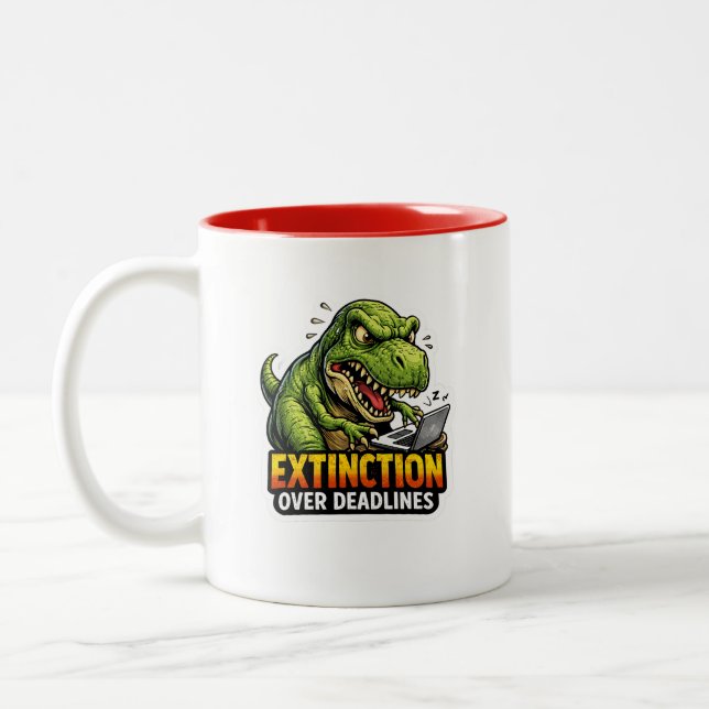 Funny Dinosaur Deadline Coffee Mug Zweifarbige Tasse (Links)