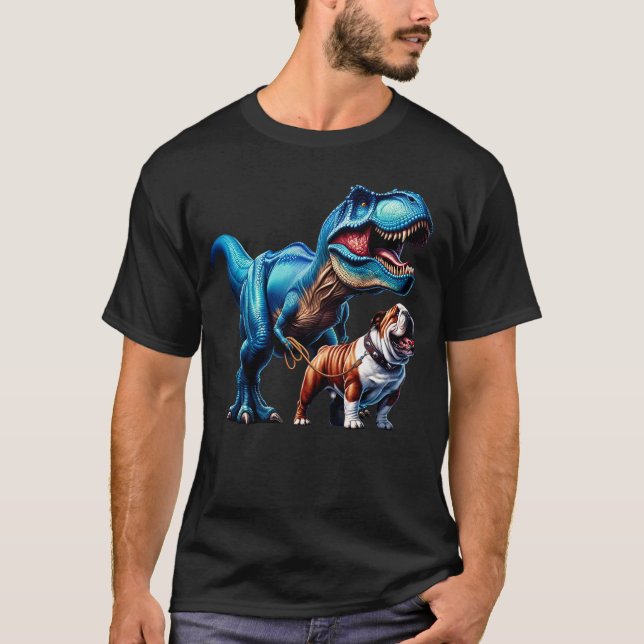 Funny Dinosaur English Bulldog Walking Dog Lover T-Shirt (Vorderseite)