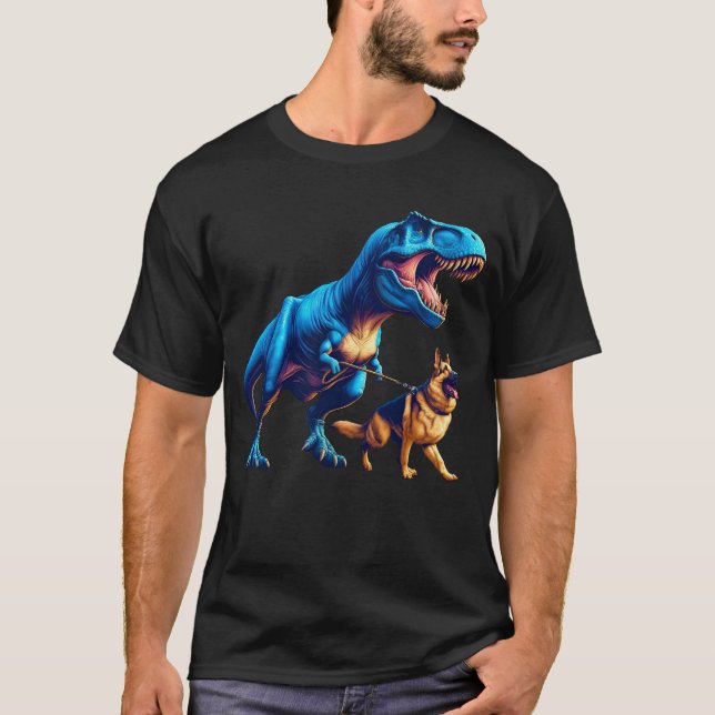 Funny Dinosaur German Shepherd Walking Dog Lover T-Shirt (Vorderseite)