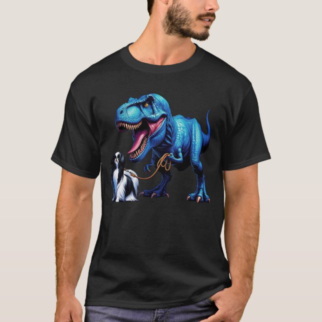 Funny Dinosaur Japanischer Chin Walking Dog Lover T-Shirt (Vorderseite)