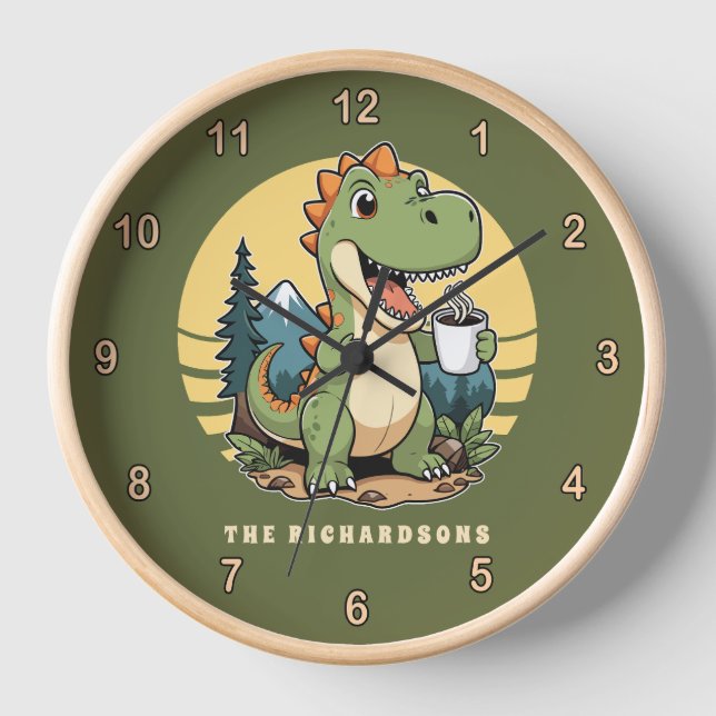 Funny Dinosaur Outdoor Explorer Familienname Uhr (Vorderseite)