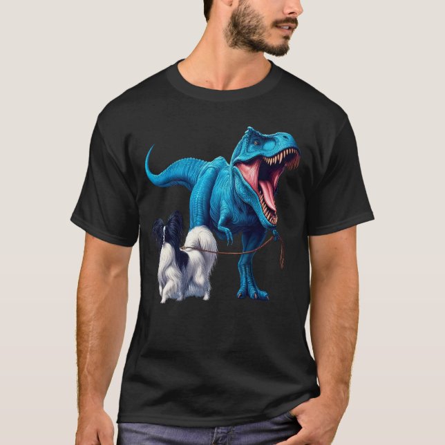 Funny Dinosaur Papillon Walking Dog Lover T-Shirt (Vorderseite)