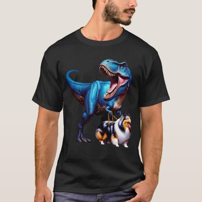Funny Dinosaur Sheltie Walking Dog Lover T-Shirt (Vorderseite)