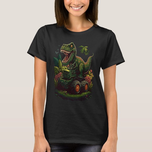 Funny Dinosaur Taking Monster Truck Joyride T-Shirt (Vorderseite)