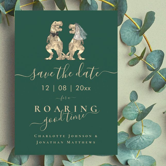 Funny Dinosaur Themed Wedding Save The Date (Funny dinosaur wedding save the date T-Rex bride and groom dino elegant script)