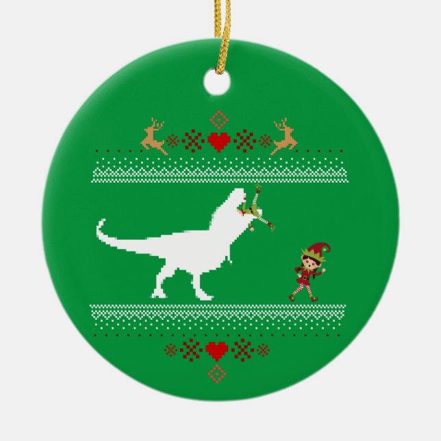Funny Dinosaur Ugly Sweater Elf T-rex Keramik Ornament (Vorne)